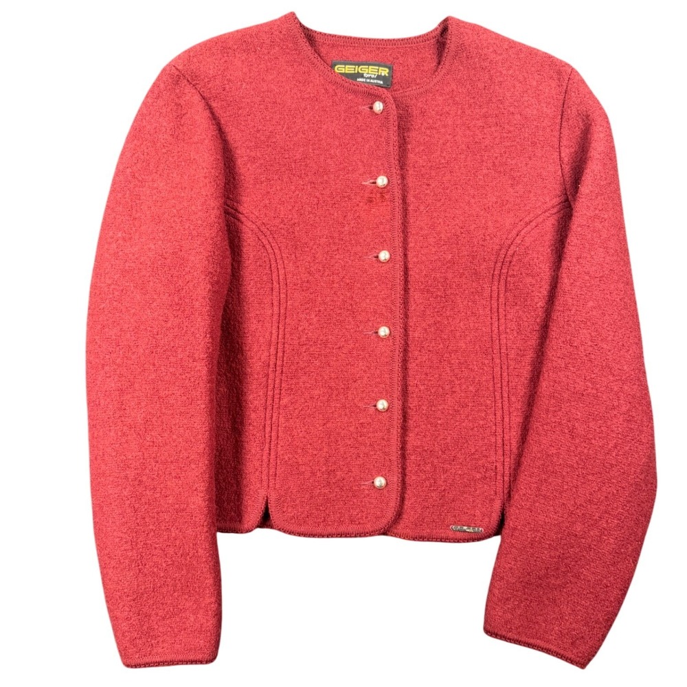 Vintage Geiger Tyrol Red Boiled Wool Cardigan Jacket Austria Silver Buttons